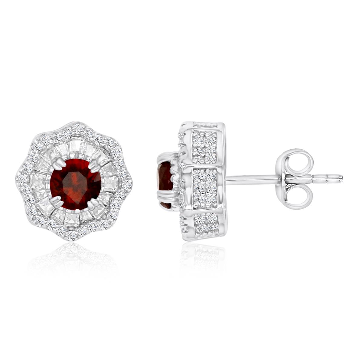 Sterling Silver Rhodium 11MM Polished Cr Ruby & Cr White Sapphire Octagon Flower Stud Earrings