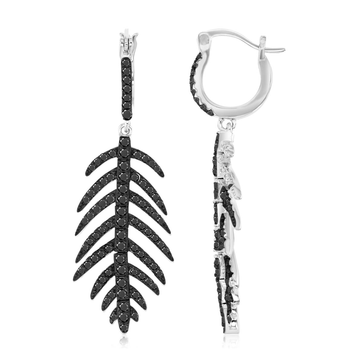 Sterling Silver Black & White 46X14MM Polished Black Spinel Pave Feather Dangling Earrings