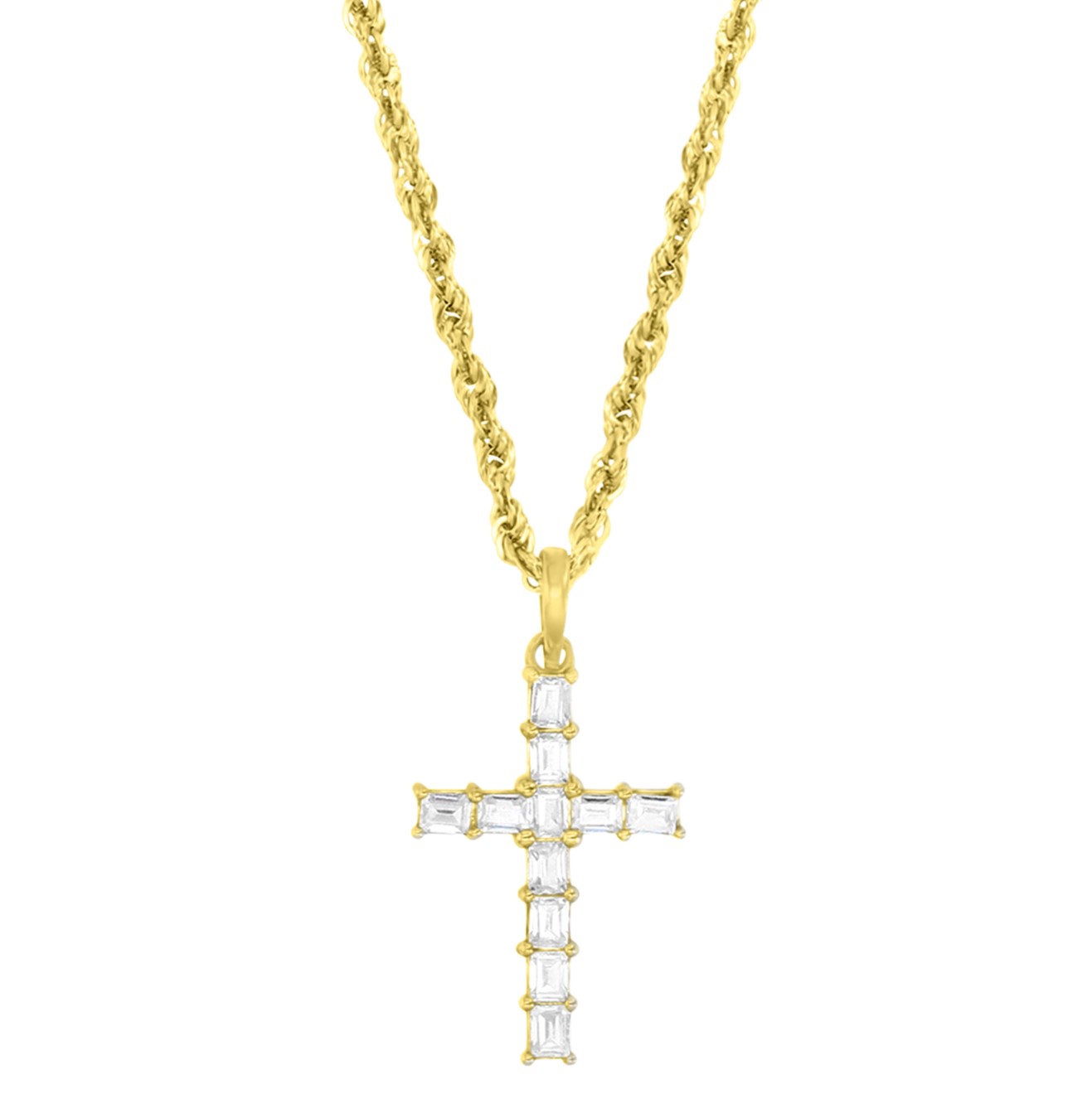 10K Yellow Gold Baguette CZ Cross 18" Rope Necklace