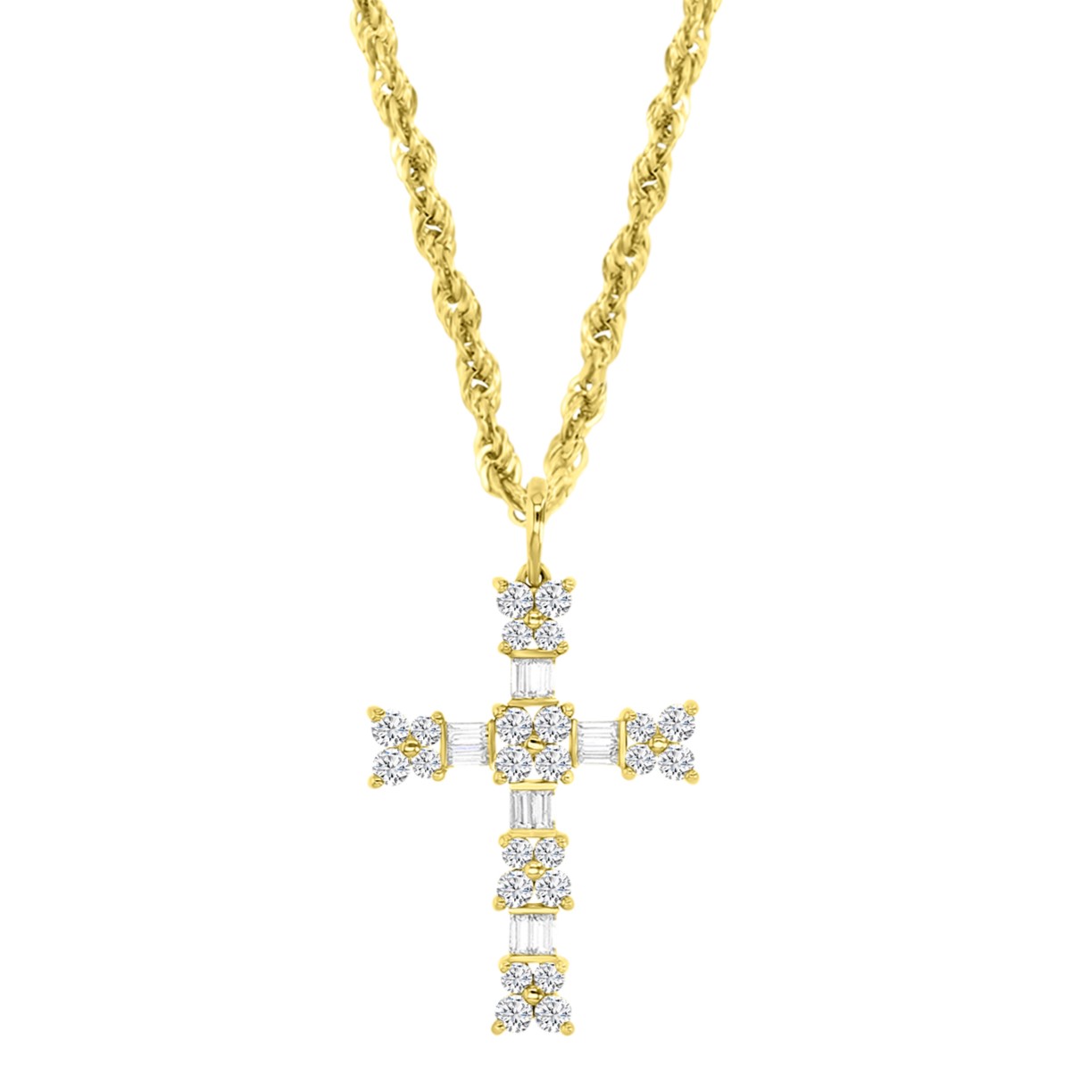 14K Yellow Gold Round & Baguette CZ Cross 18" Rope Necklace
