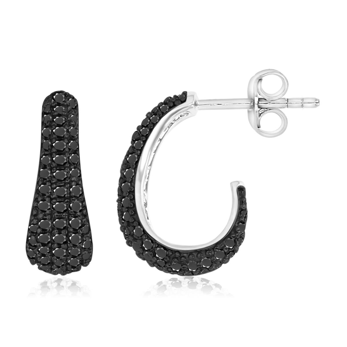 Sterling Silver Black & White 16MM Polished Pave Black Spinel J Hoop Earrings