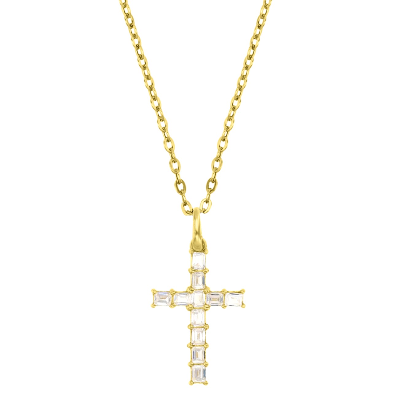 14K Yellow Gold Baguette CZ Cross 16+2" Cable Necklace