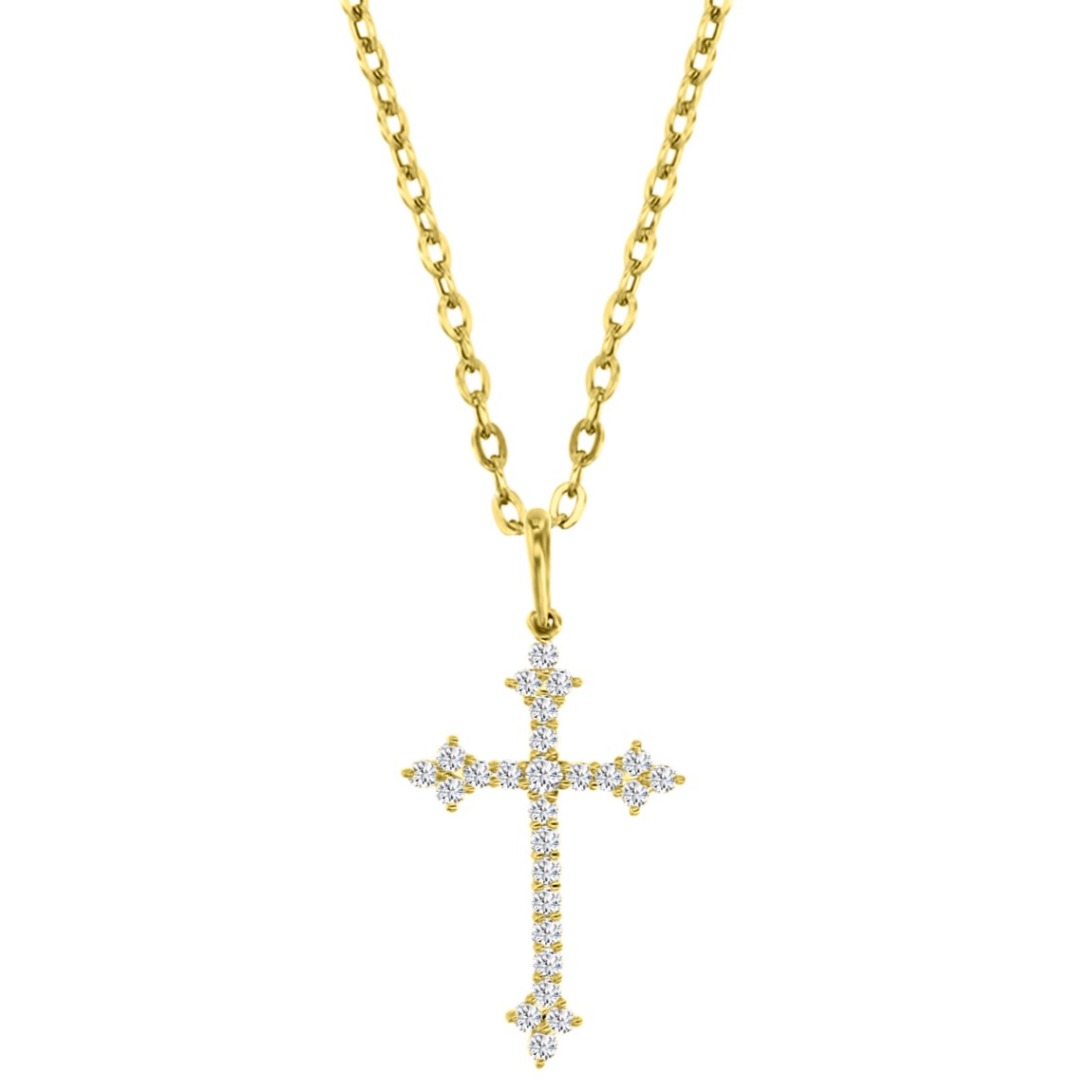 10K Yellow Gold Pave Round Cut Cross 16+2" Cable Necklace