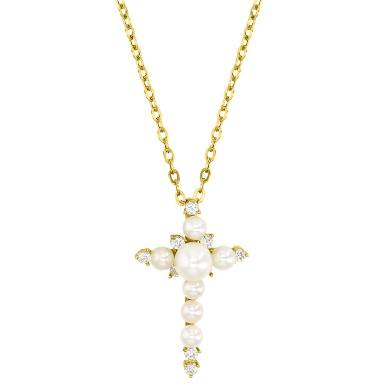 14K Yellow Gold Rnd CZ & Fresh Water Pearl Cross 16+2" Cable Necklace