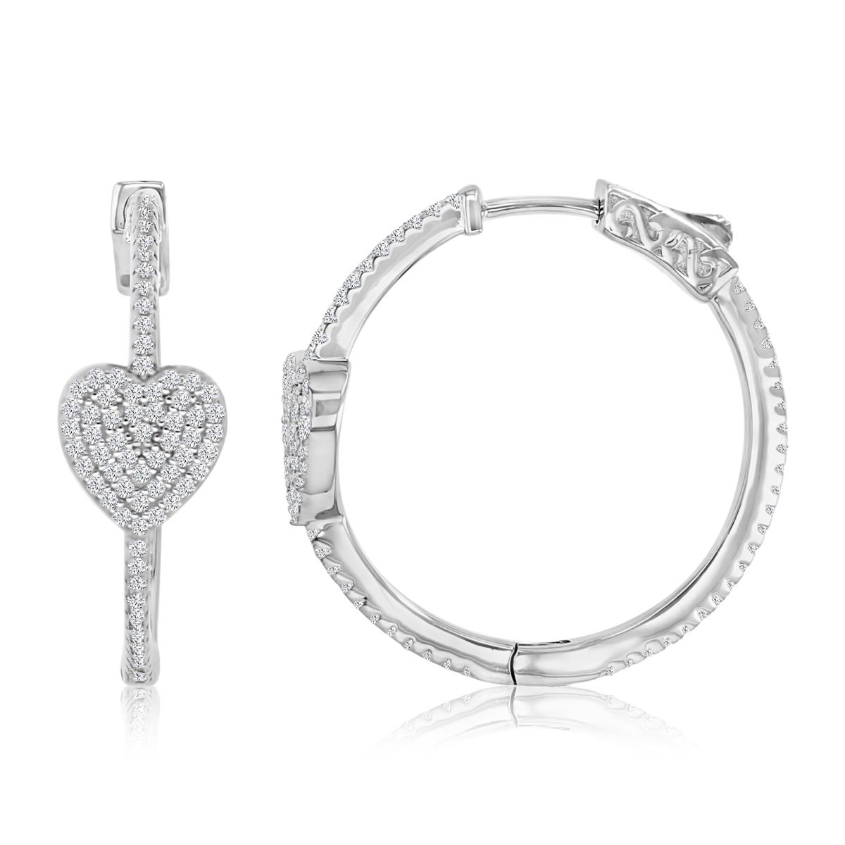 Sterling Silver Rhodium 27.5MM Polished White CZ Pave Heart Hoop Earrings