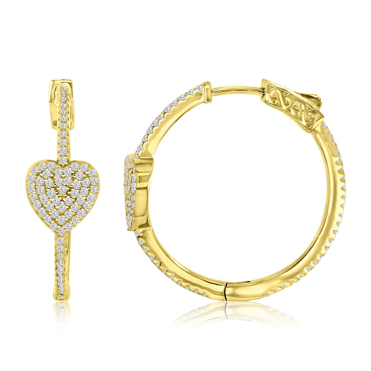 Sterling Silver Yellow 1M 27.5MM Polished White CZ Pave Heart Hoop Earrings