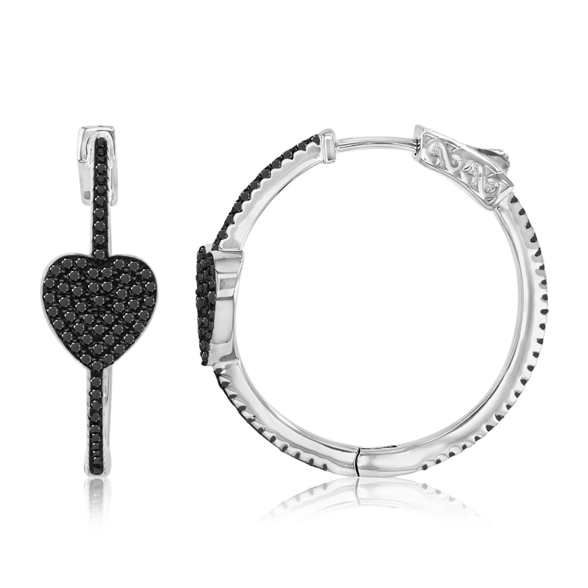 Sterling Silver Rhodium 27.5MM Polished Black Spinel Pave Heart Hoop Earrings