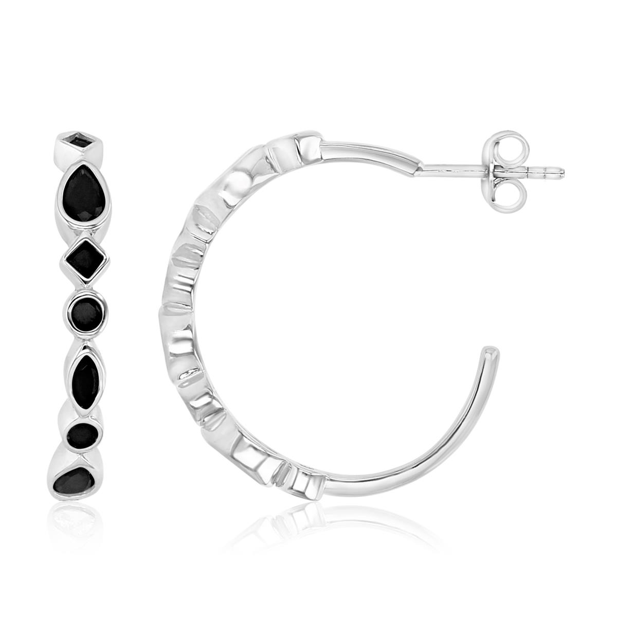 Sterling Silver Rhodium 25MM Polished Black Spinel Bezel Semi Hoop Earrings