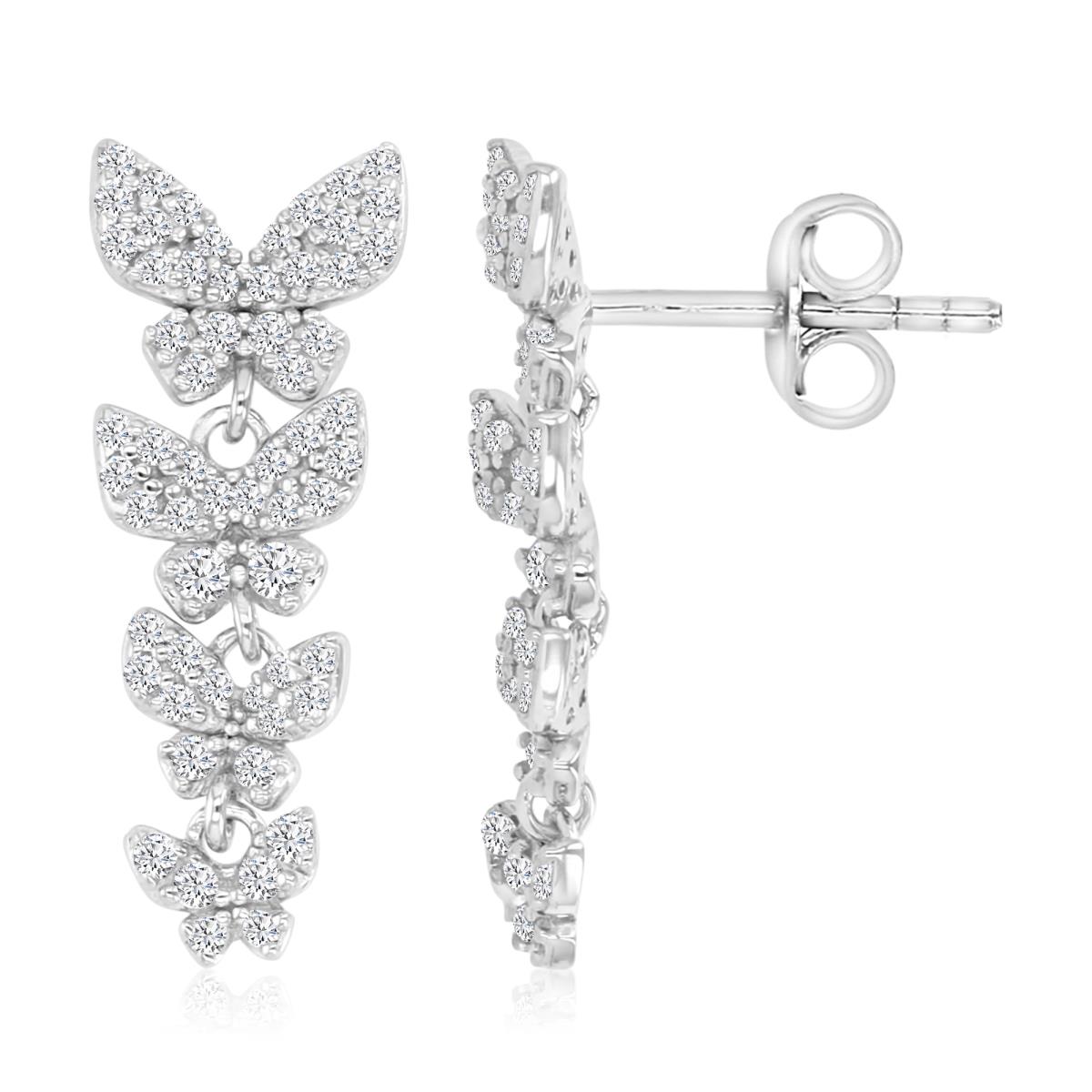 Sterling Silver Rhodium 22MM Polished White CZ Pave Butterfly Dangling Earrings