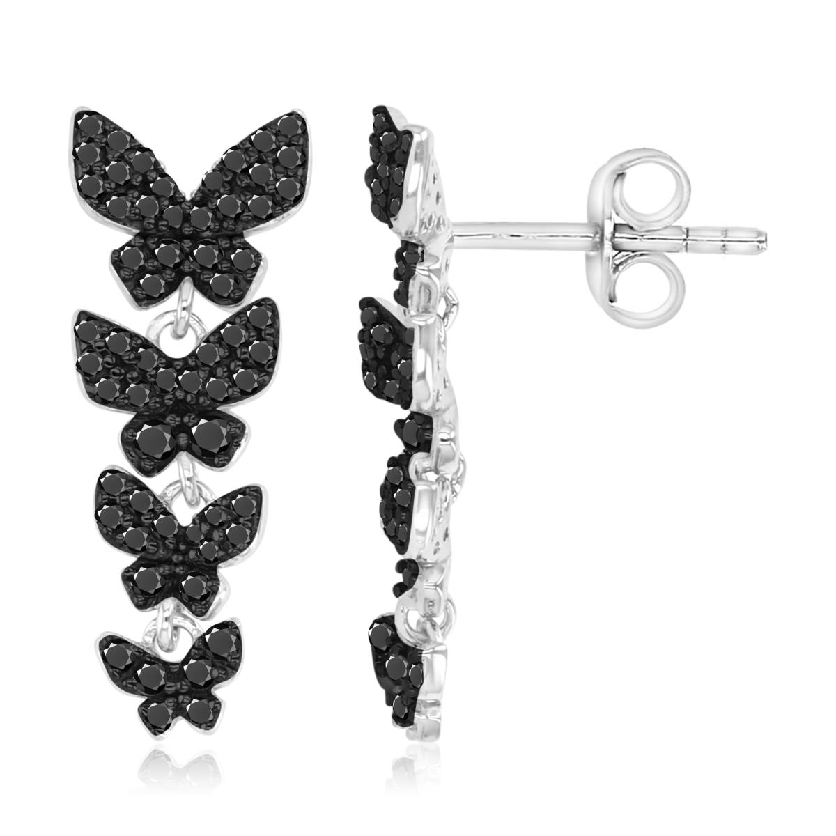 Sterling Silver Black & White 22MM Polished Black Spinel Pave Butterfly Dangling Earrings