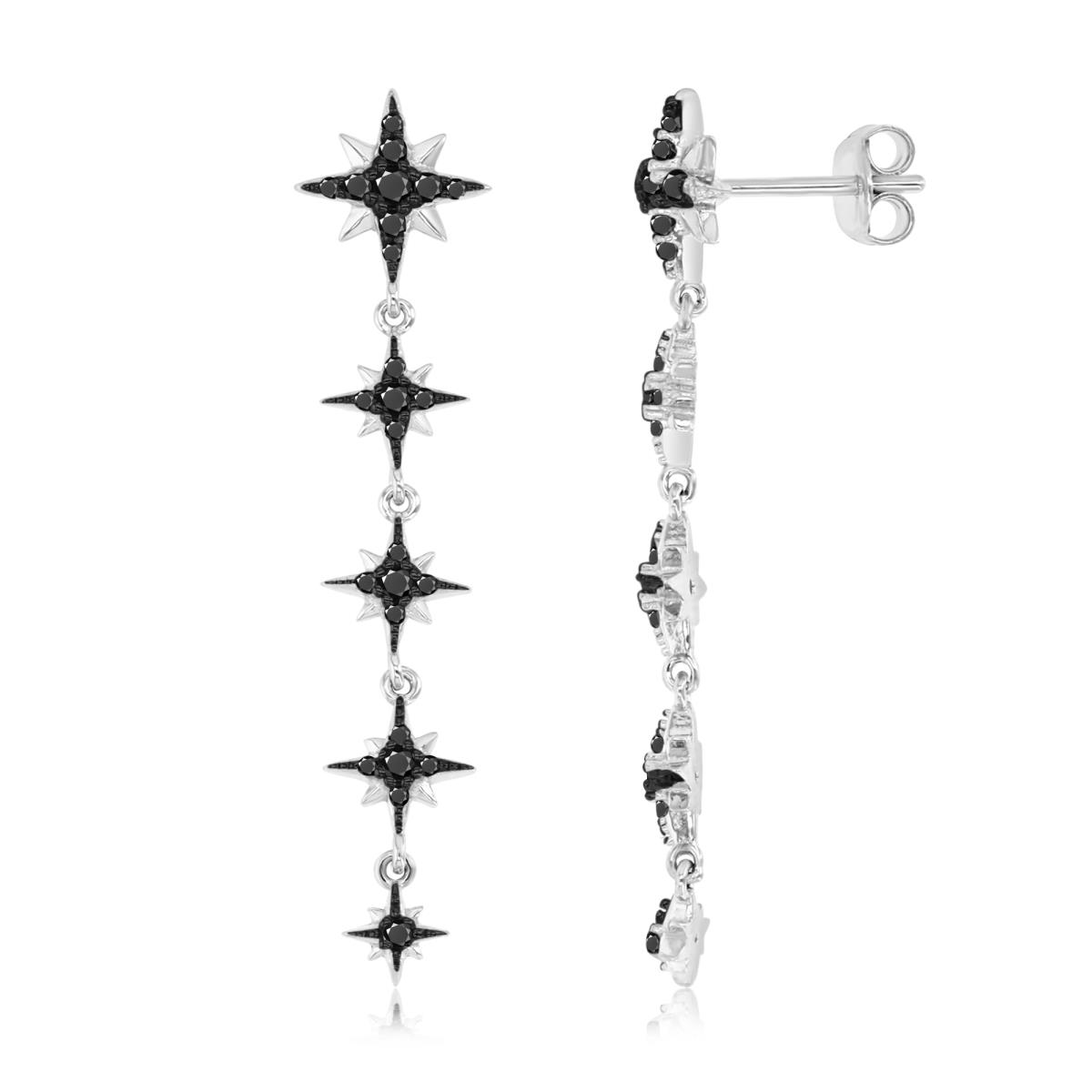 Sterling Silver Black & White 43MM Polished Black Spinel Stars Dangling Earrings