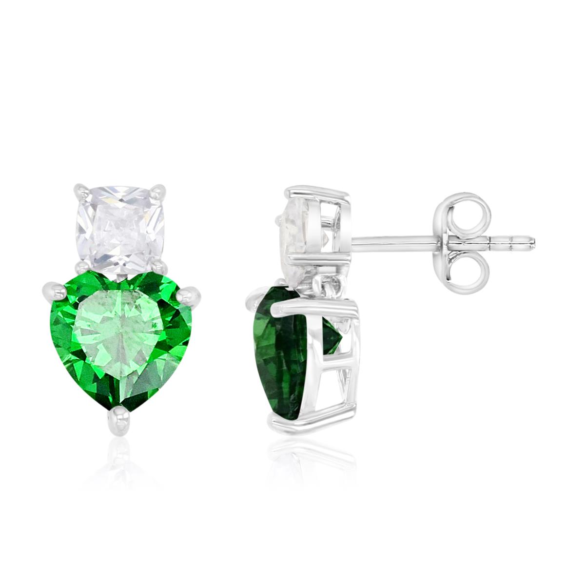 Sterling Silver Rhodium 14.6MM Polished Green & White CZ Solitaire Heart Dangling Earrings