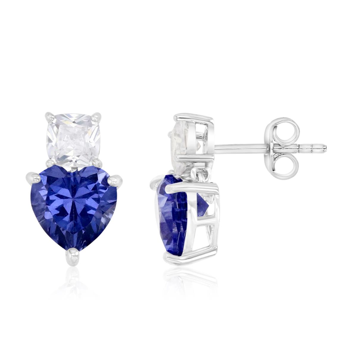 Sterling Silver Rhodium 14.6MM Polished Tanzanite & White CZ Solitaire Heart Dangling Earrings