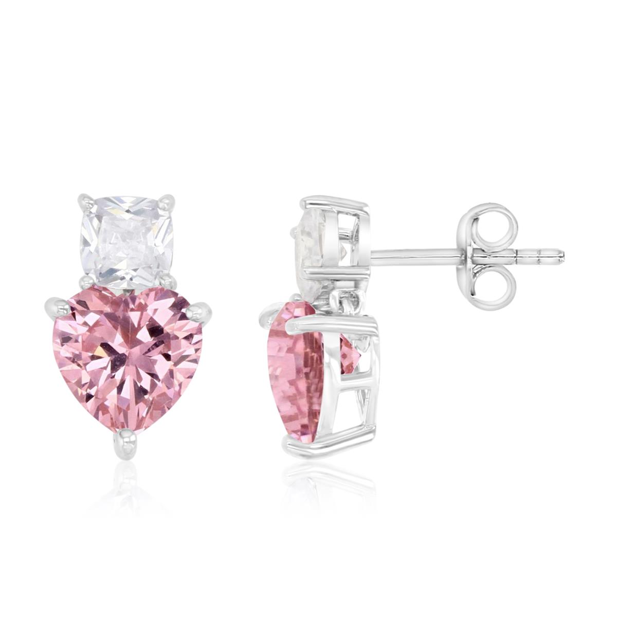 Sterling Silver Rhodium 14.6MM Polished Dark Pink & White CZ Solitaire Heart Dangling Earrings