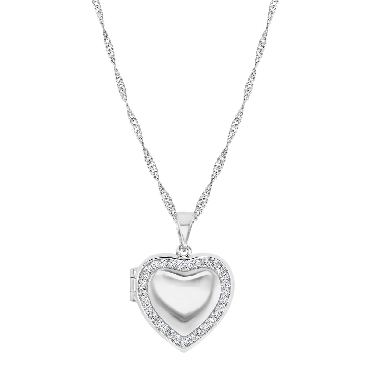 Sterling Silver Rhodium 30MM Polished White CZ Heart Medallion Locket 18+2" Singapore Necklace