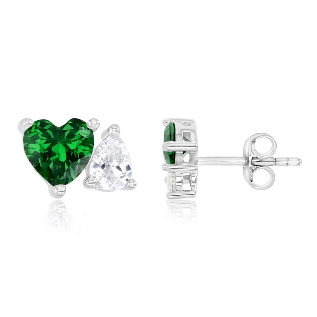 Sterling Silver Rhodium 6MM Polished Green Stones & White CZ Heart & Teardrop Stud Earrings