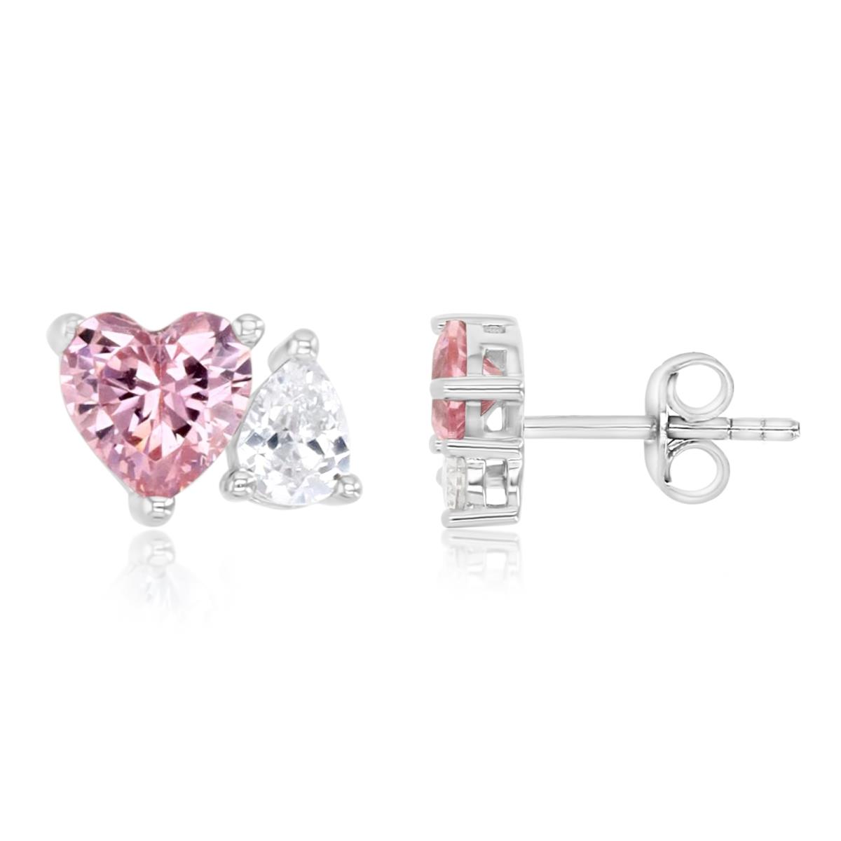Sterling Silver Rhodium 6MM Polished Pink & White CZ Heart & Teardrop Stud Earrings