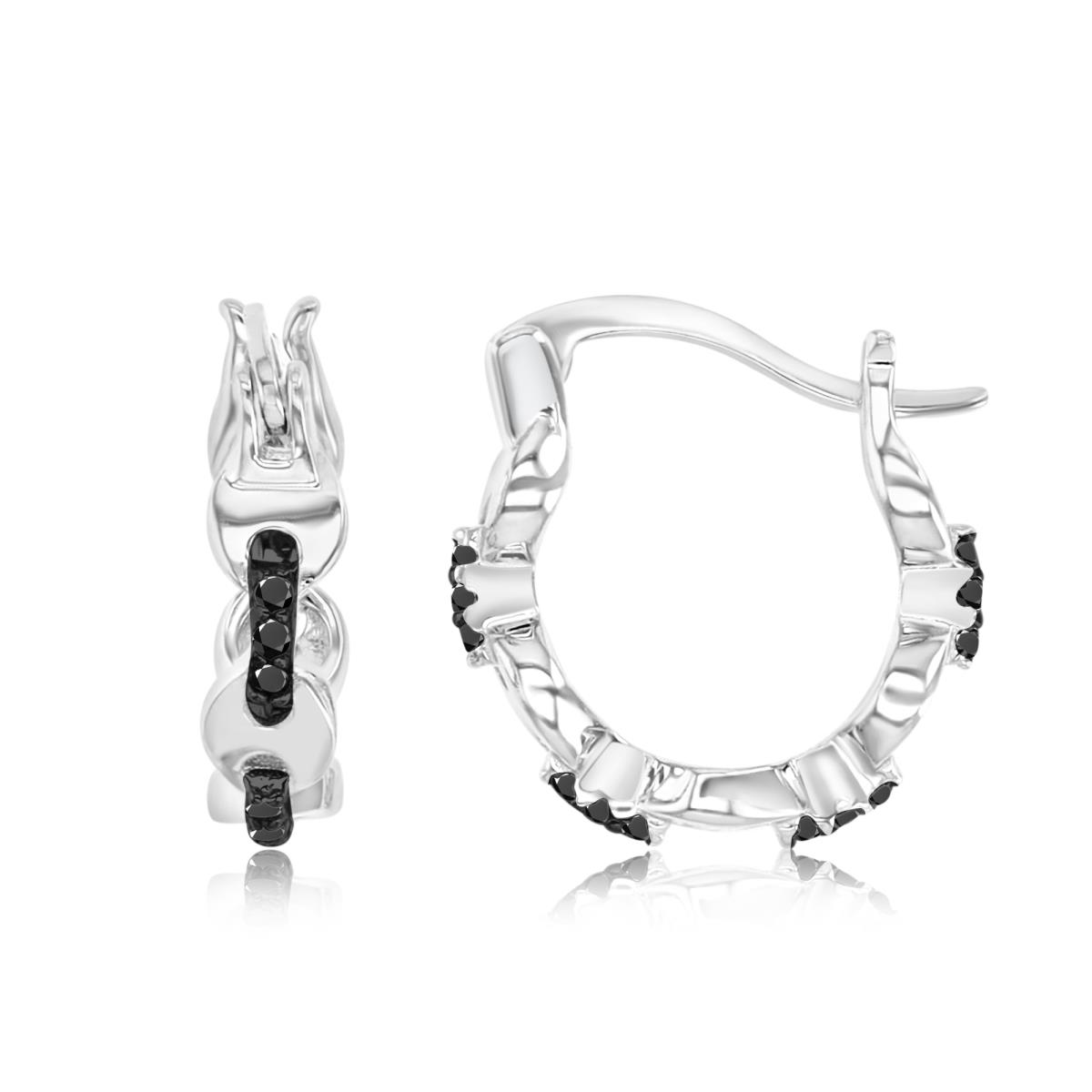 Sterling Silver Black & White 14.4X3.5MM Polished Black Spinel Mariner Huggie Earrings