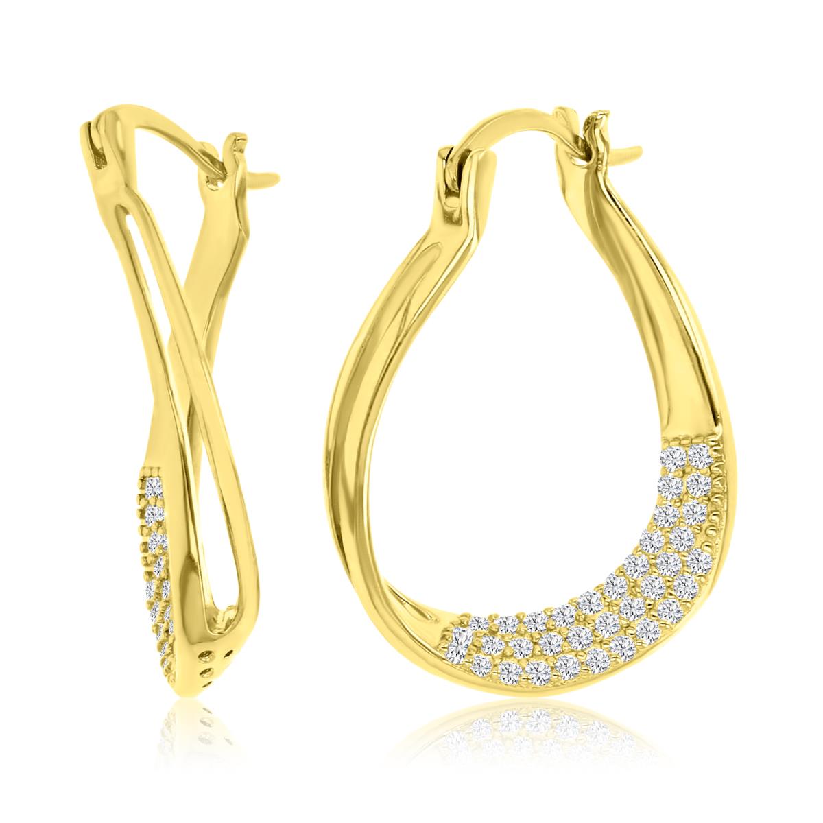 Sterling Silver Yellow 24X17MM Polished White CZ Pave Curved Oval Hoop Earrings