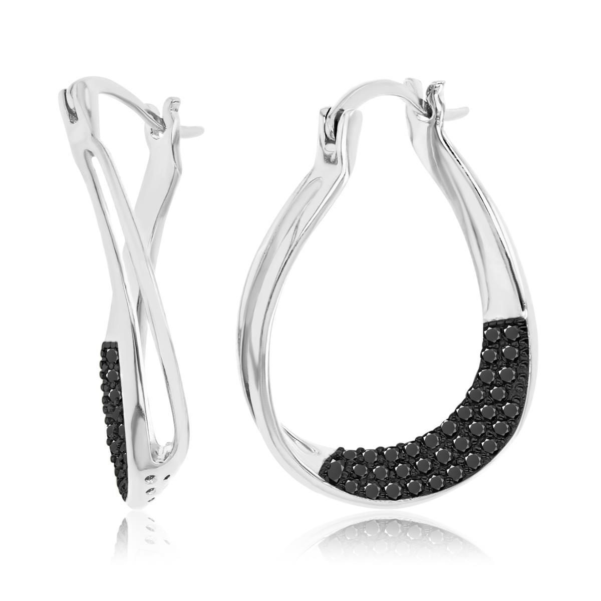 Sterling Silver Black & White 24X17MM Polished Black Spinel Pave Curved Oval Hoop Earrings