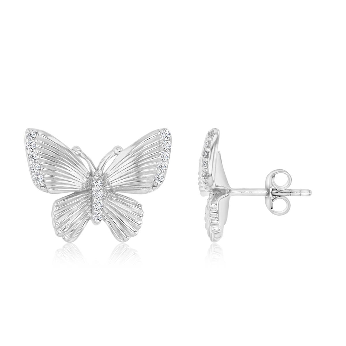 Sterling Silver Rhodium 14.5X11.7MM Polished White CZ Butterfly Stud Earrings