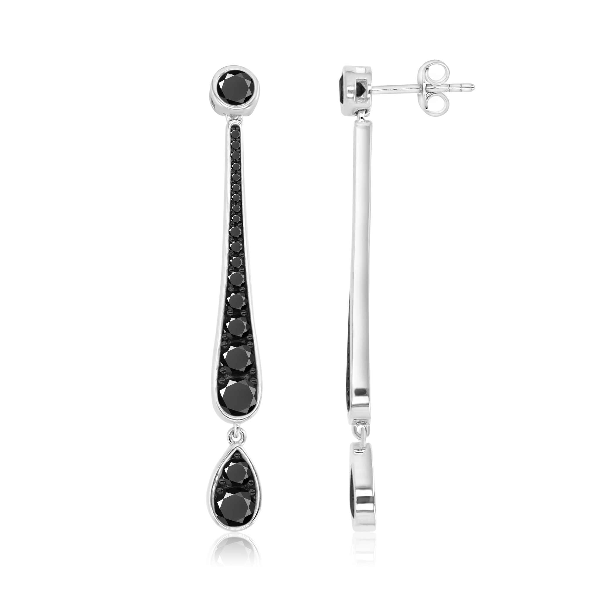 Sterling Silver Black & White 52X6MM Polished Black Spinel Bezel Round Cut Teardrop Dangling Earrings