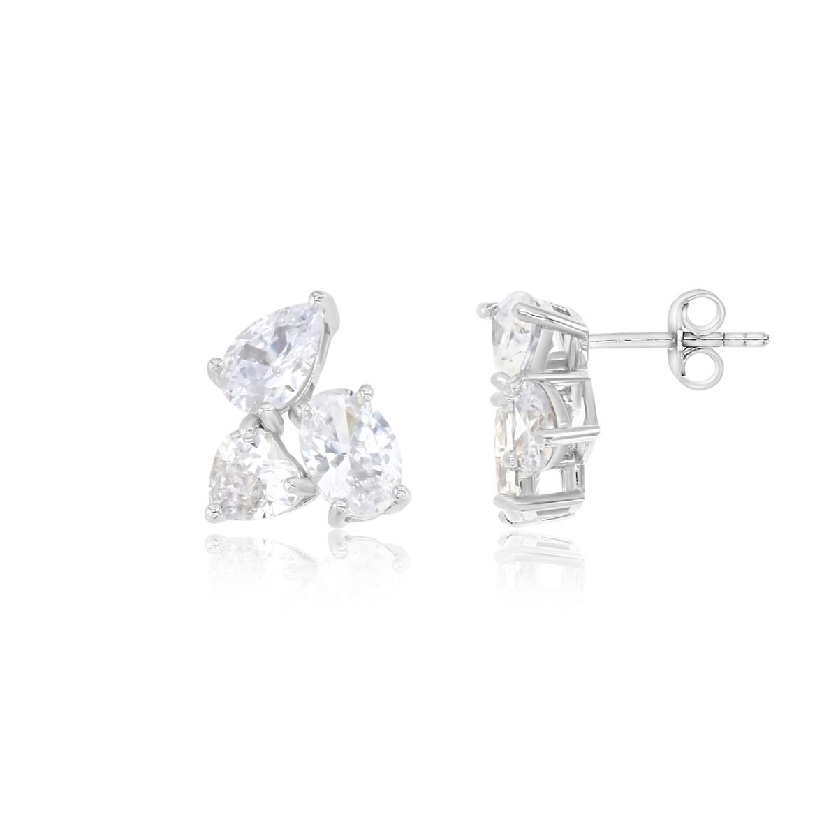 Sterling Silver Rhodium 12MM Polished White CZ Heart/Oval/Pear Shape Cut Solitaire Stud Earrings