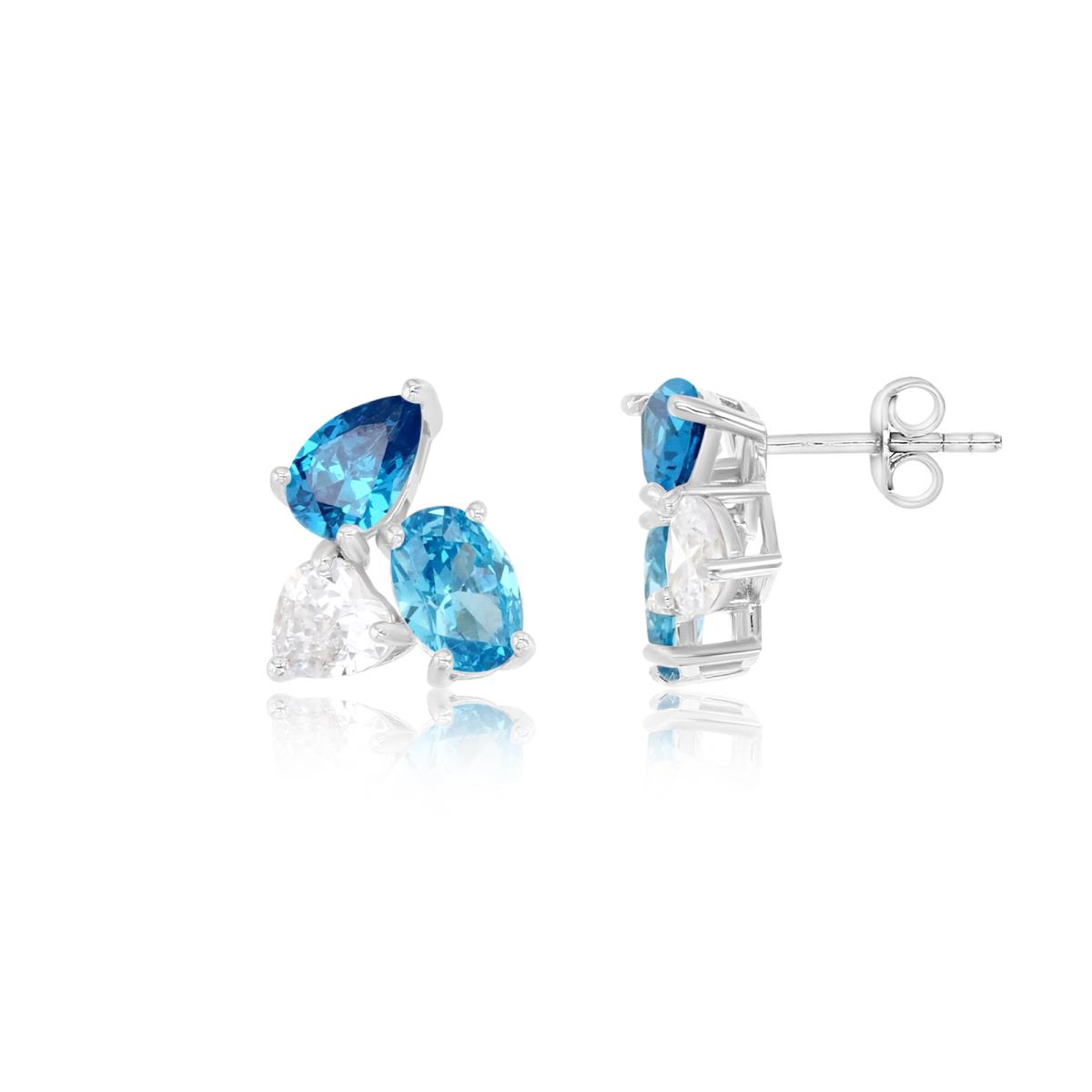 Sterling Silver Rhodium 12MM Polished Dark Blue/Light Blue & White CZ Heart/Oval/Pear Shape Cut Solitaire Stud Earrings
