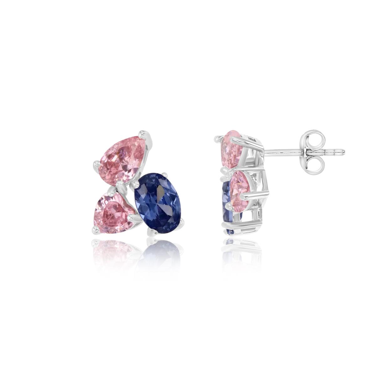Sterling Silver Rhodium 12MM Polished Dark Pink/Med Pink & Tanzanite CZ Heart/Oval/Pear Shape Cut Solitaire Stud Earrings