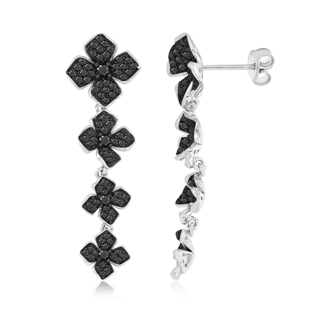 Sterling Silver Black & White 39X8.5MM Polished Black Spinel Flower Dangling Earrings
