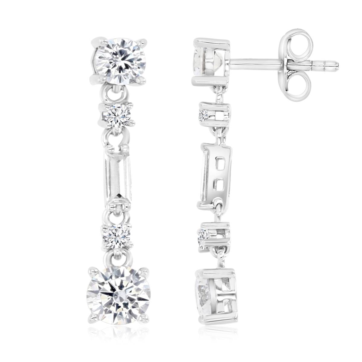 Sterling Silver Rhodium 24.5X5MM Polished White CZ Baguette & Round Cut Dangling Earrings