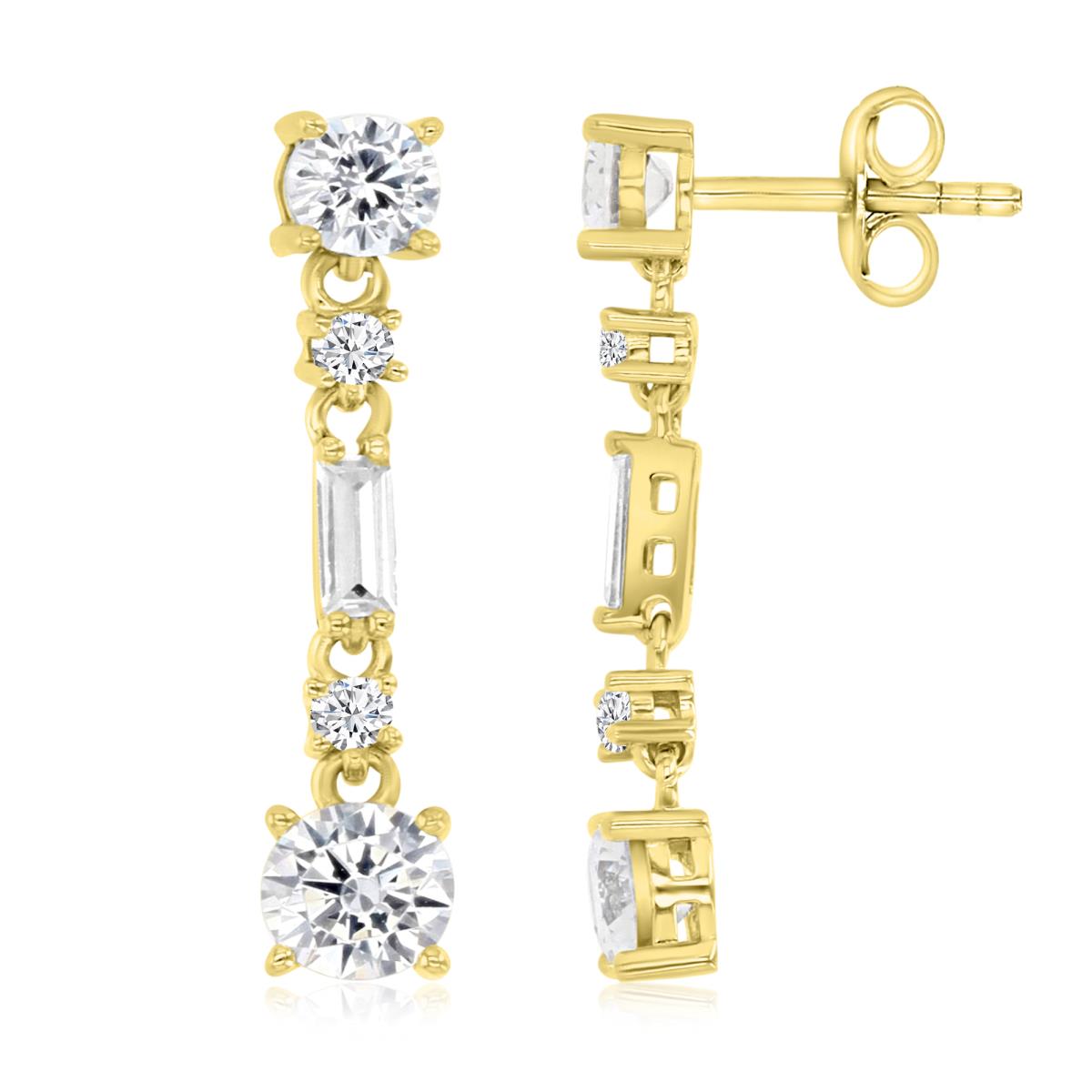 Sterling Silver Yellow 24.5X5MM Polished White CZ Baguette & Round Cut Dangling Earrings