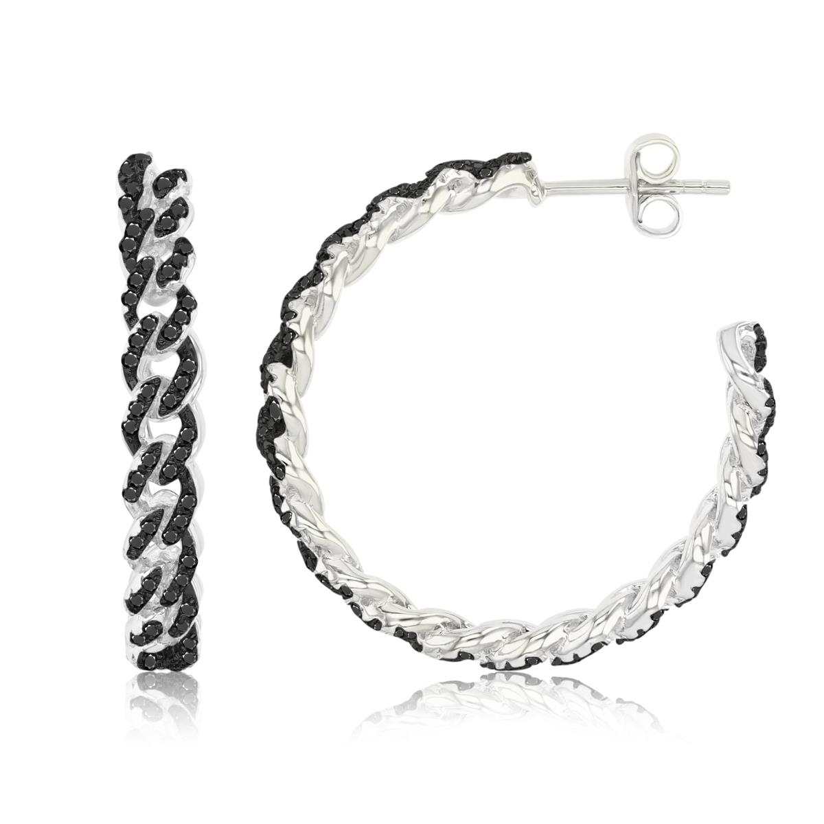 Sterling Silver Black & White 30X4.5MM Polished Black Spinel Pave Curb Style Hoop Earrings