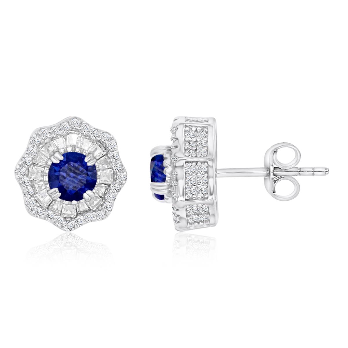 Sterling Silver Rhodium 11MM Polished Cr Blue & Cr White Sapphire Octagon Flower Stud Earrings