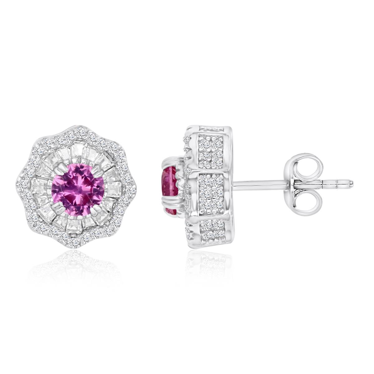 Sterling Silver Rhodium 11MM Polished Cr Pink & Cr White Sapphire Octagon Flower Stud Earrings
