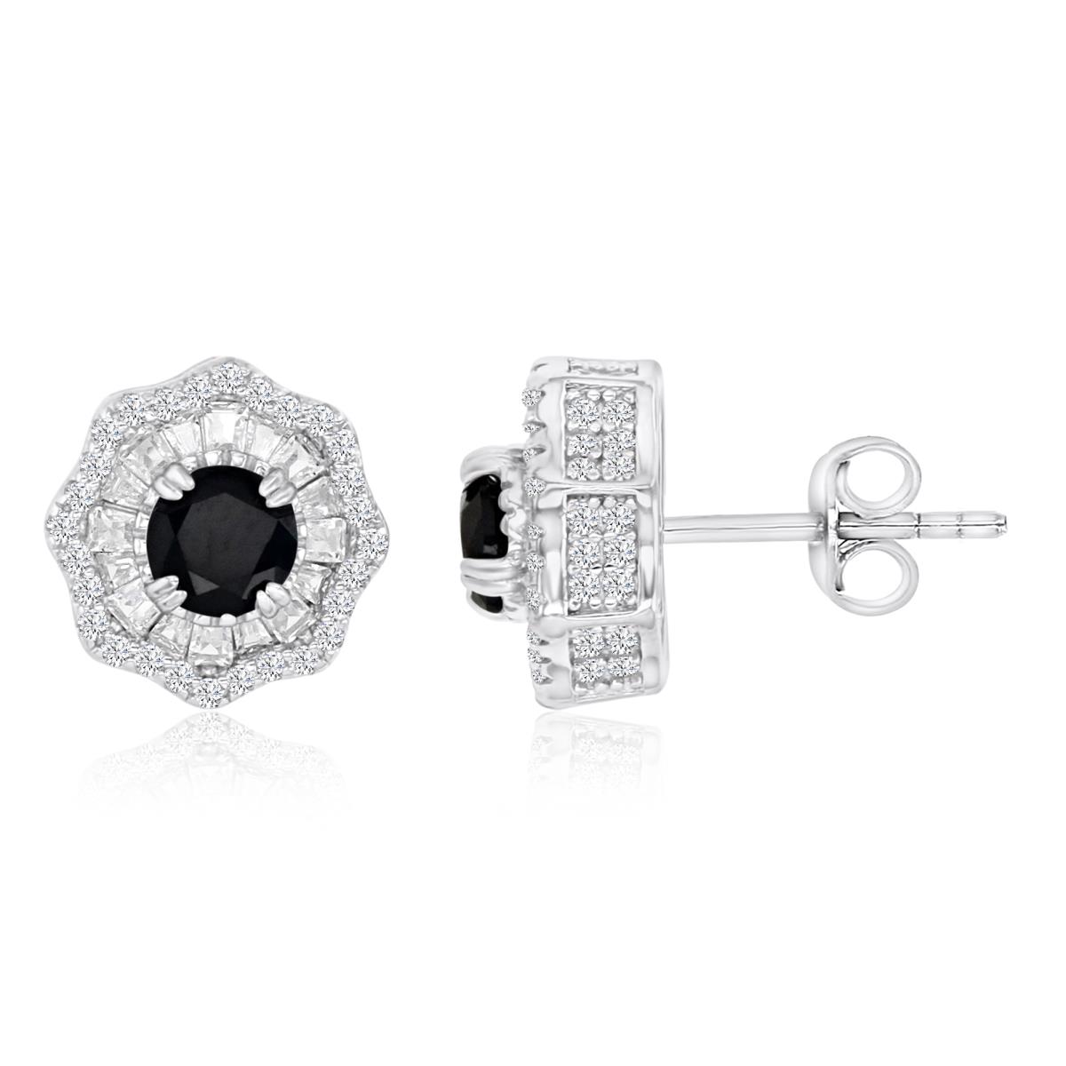Sterling Silver Rhodium 11MM Polished Black Spinel & Cr White Sapphire Octagon Flower Stud Earrings