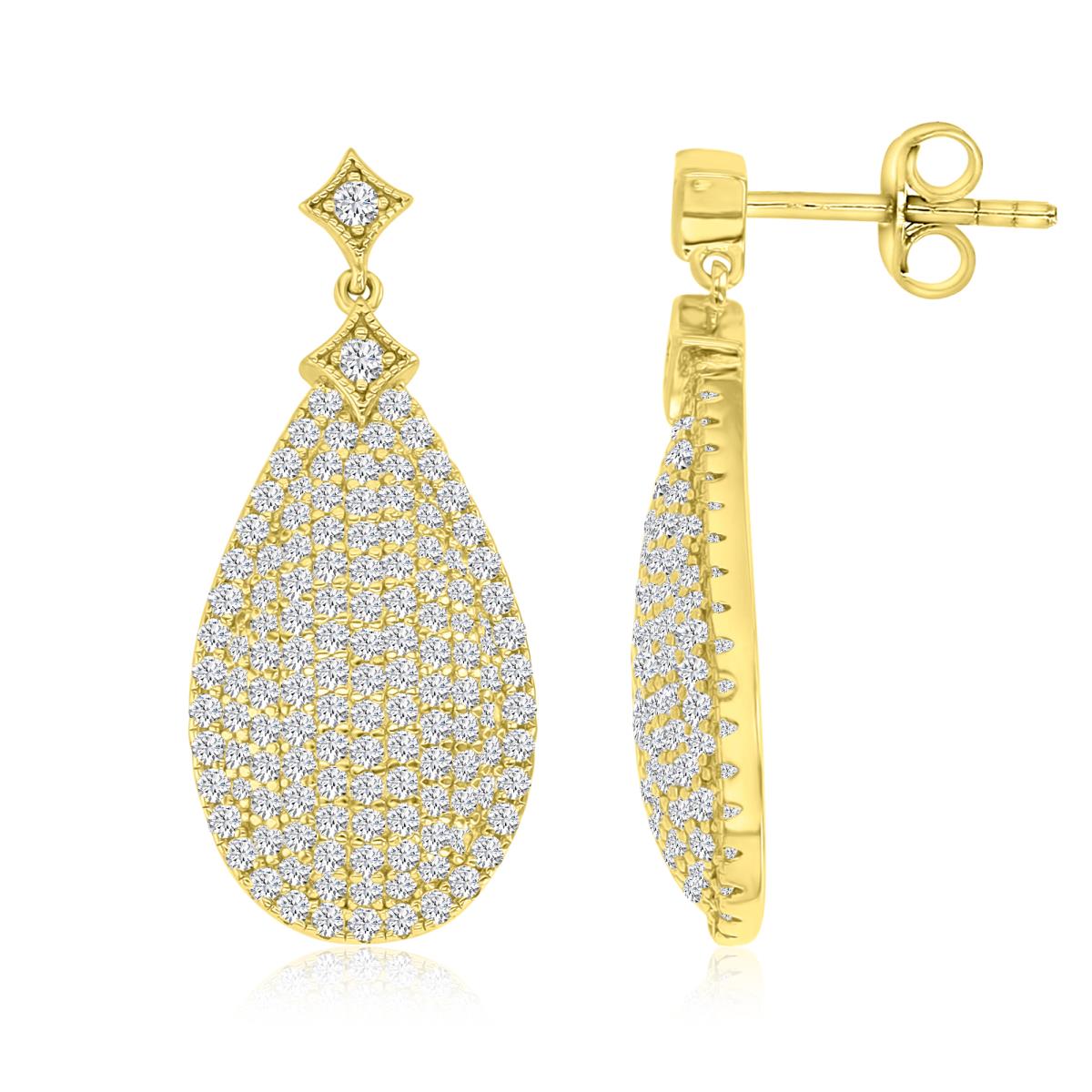 Sterling Silver Yellow 31X13.5MM Polished White CZ Pave Teardrop Dangling Earrings