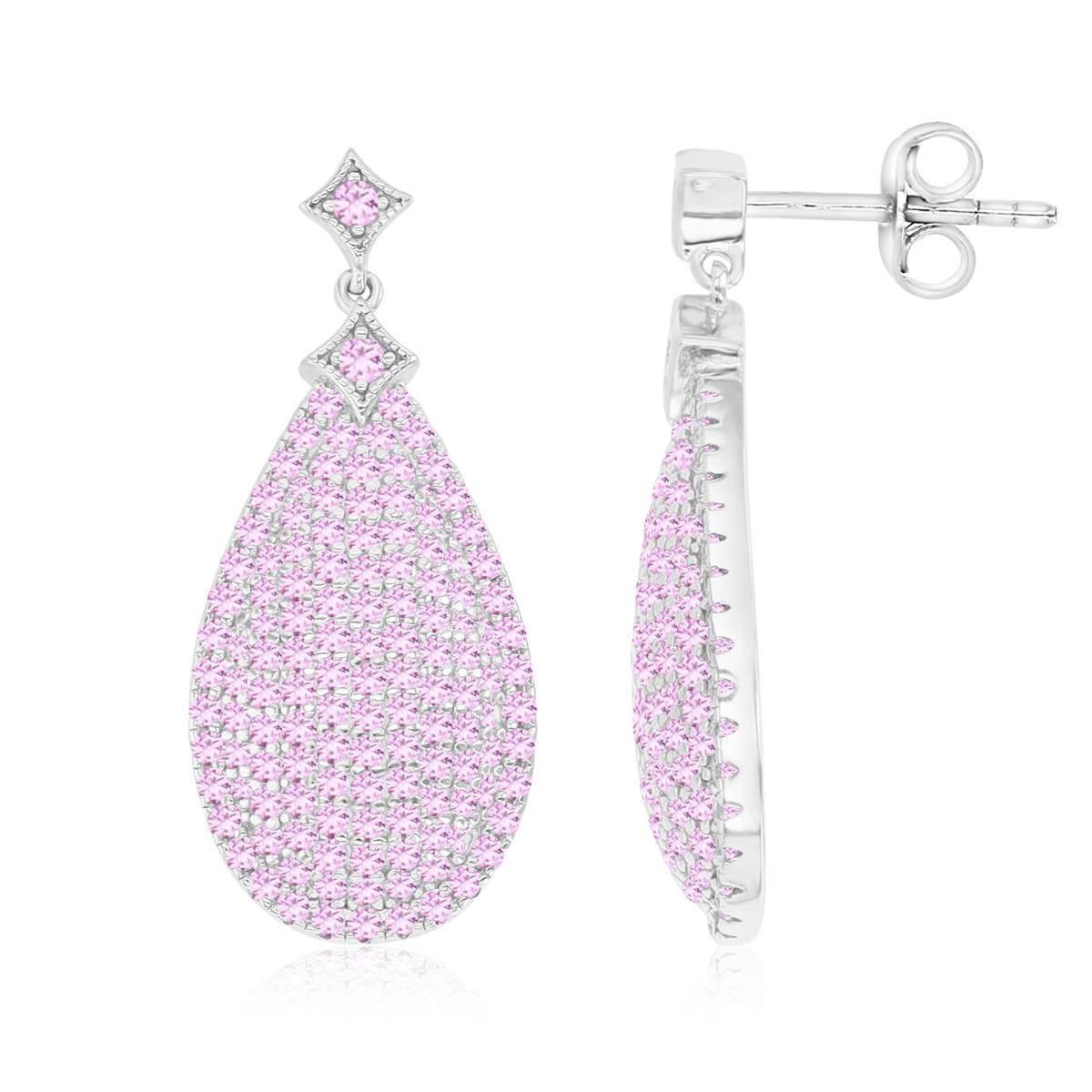 Sterling Silver Rhodium 31X13.5MM Polished Cr Pink & Cr White Sapphire Pave Teardrop Dangling Earrings