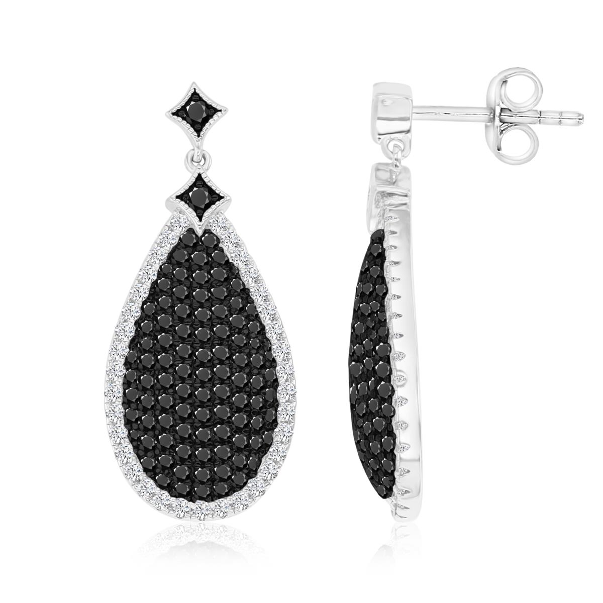 Sterling Silver Black & White 31X13.5MM Polished Black Spinel & Cr White Sapphire Pave Teardrop Dangling Earrings