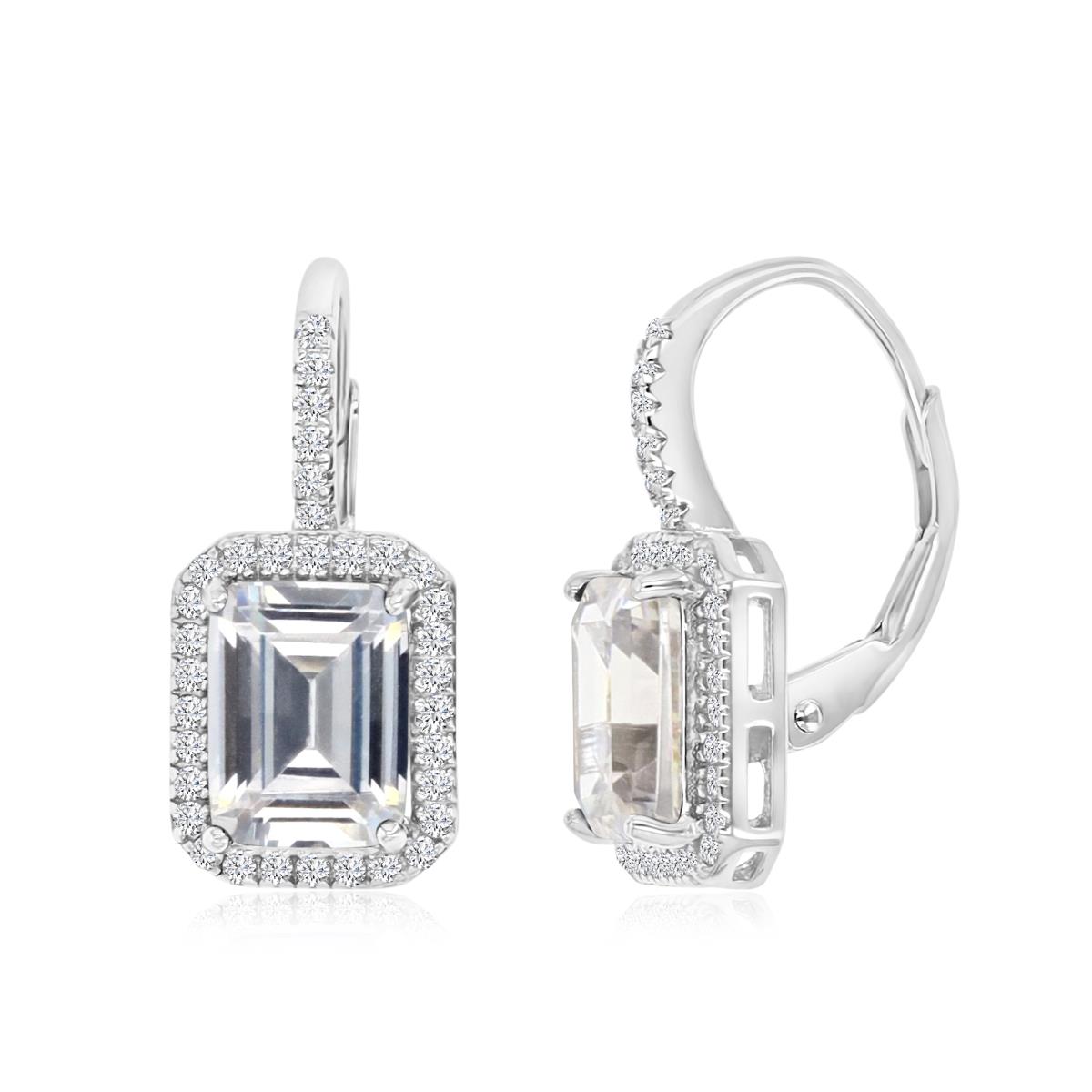 Sterling Silver Rhodium 18X9MM Polished White CZ Emerald Cut Dangling Lever Back Earrings