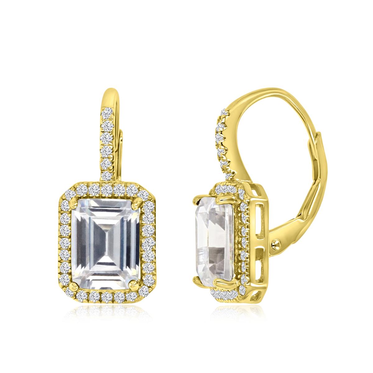 Sterling Silver Yellow 18X9MM Polished White CZ Emerald Cut Dangling Lever Back Earrings