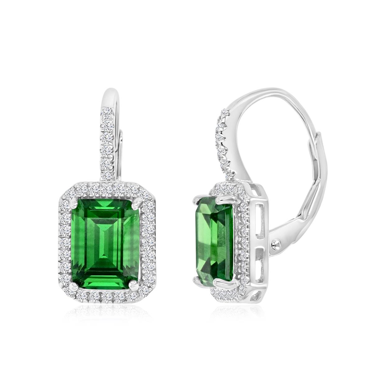 Sterling Silver Rhodium 18X9MM Polished Green & White CZ Emerald Cut Dangling Lever Back Earrings