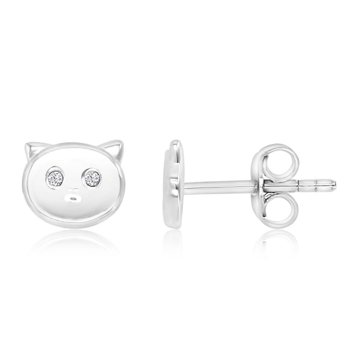 Sterling Silver Rhodium 6.7X5.7MM Polished White CZ Cat Face Stud Earrings