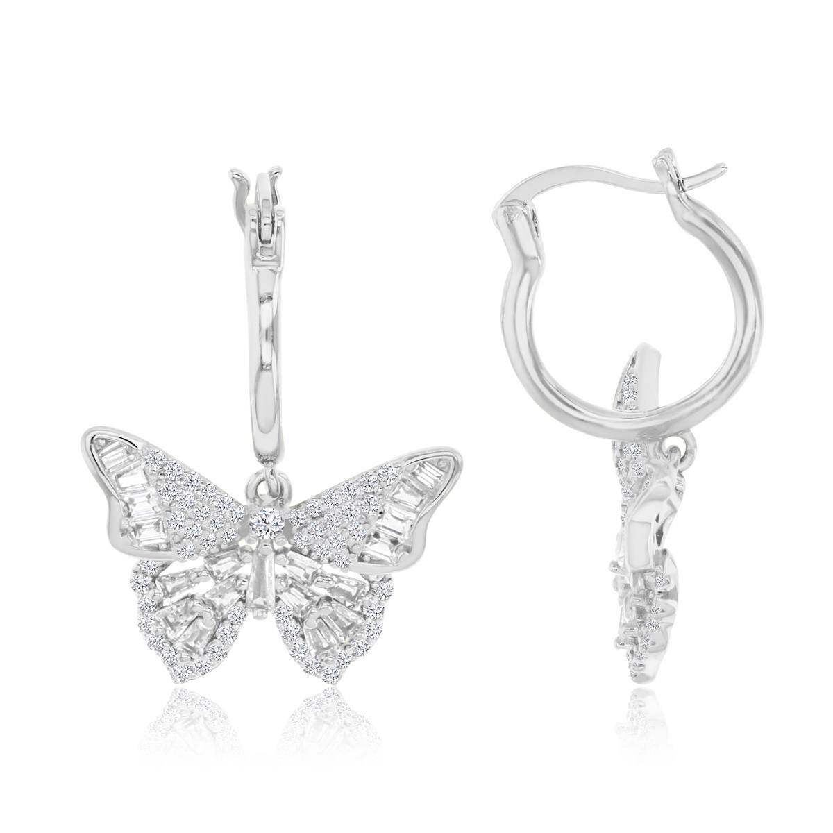 Sterling Silver Rhodium 27X19MM Polished White CZ Butterfly Dangling Earrings
