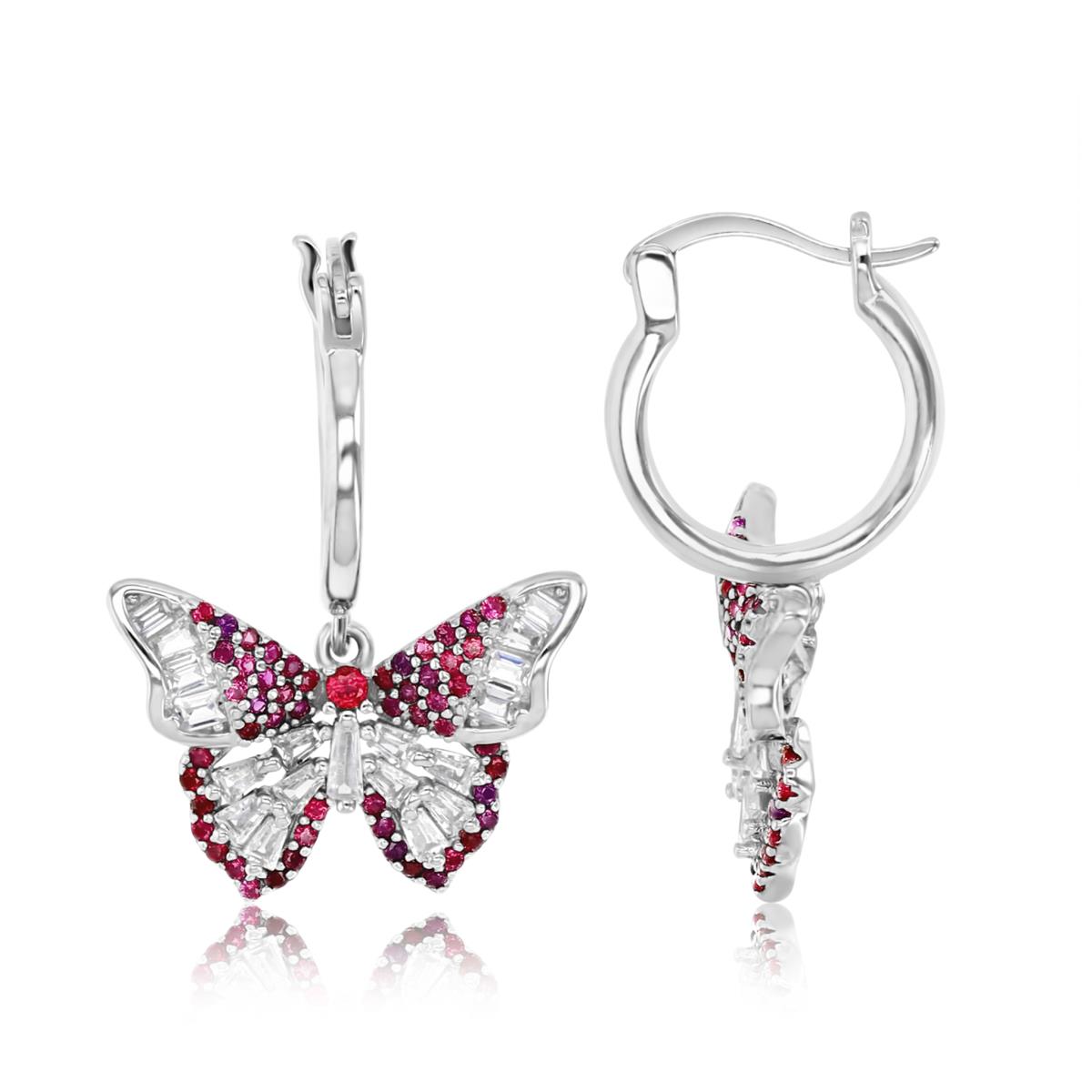 Sterling Silver Rhodium 27X19MM Polished Cr Ruby & White CZ Butterfly Dangling Earrings