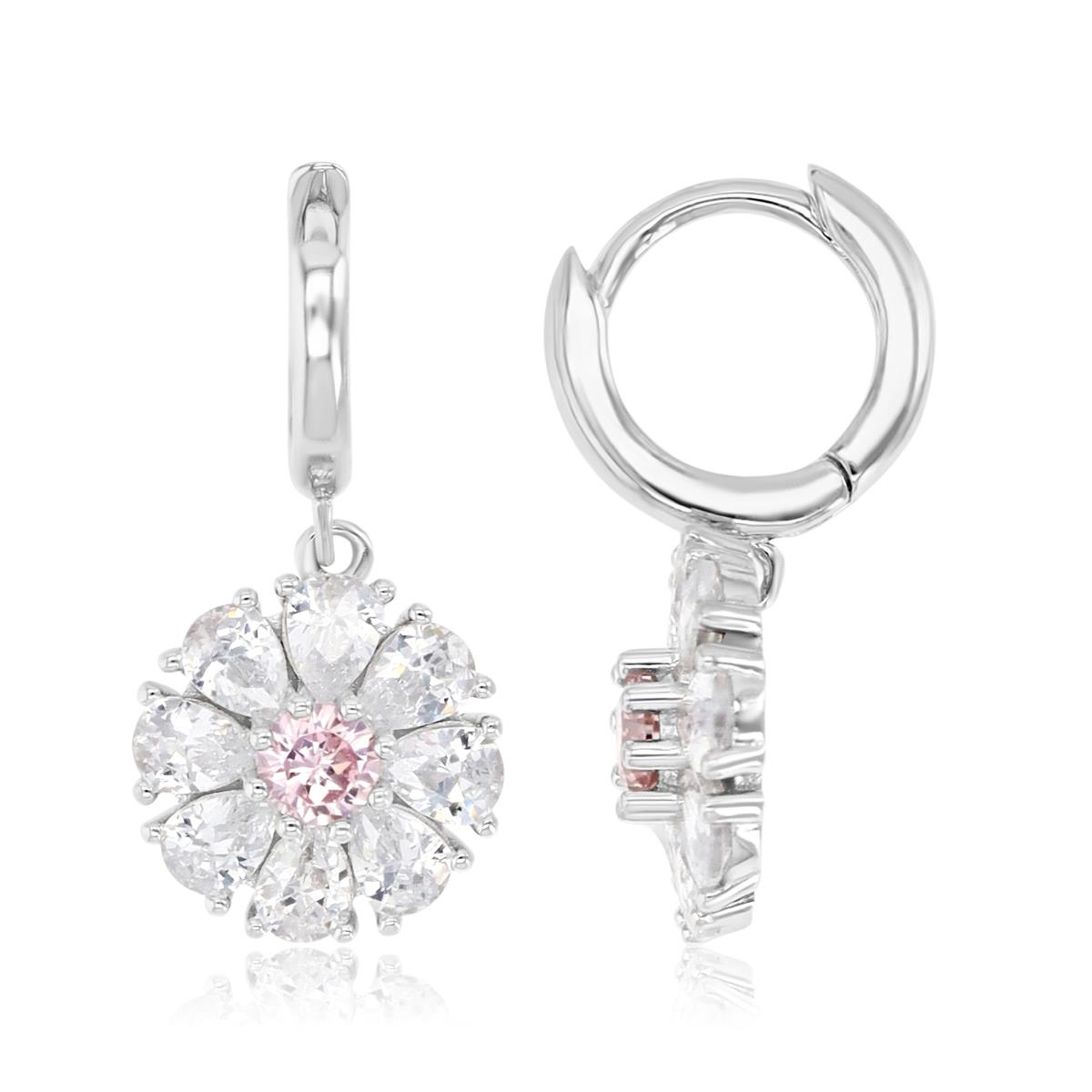 Sterling Silver Rhodium 23X11.5MM Polished Pink & White CZ Flower Dangling Earrings
