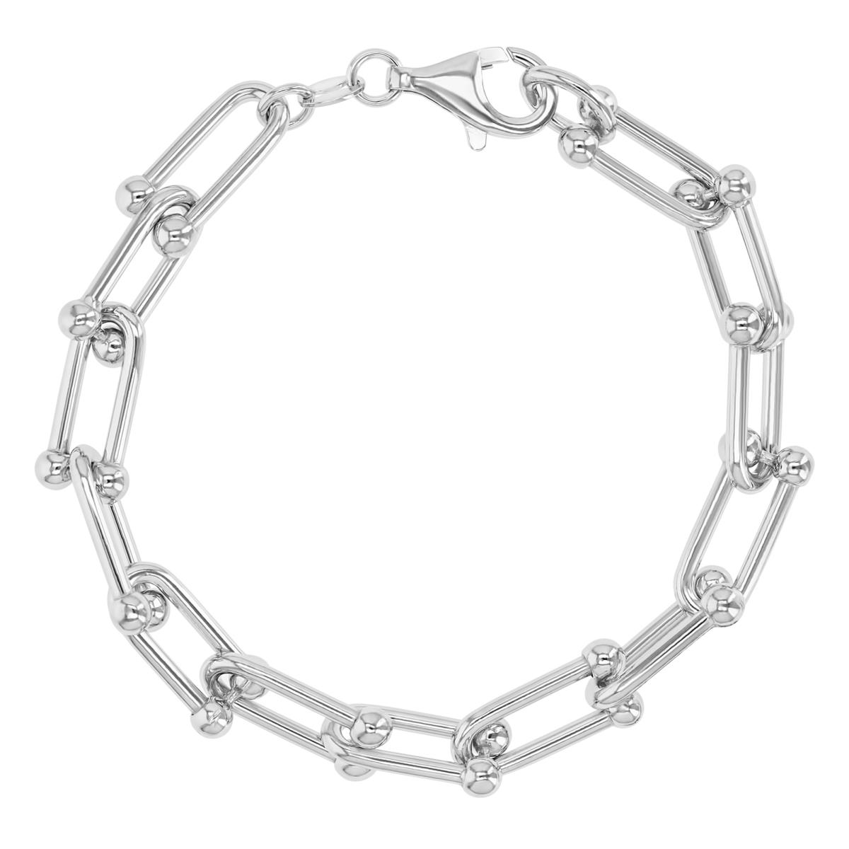 Sterling Silver Rhodium 9MM Polished U Bead Paper Clip Link 8" Chain Bracelet