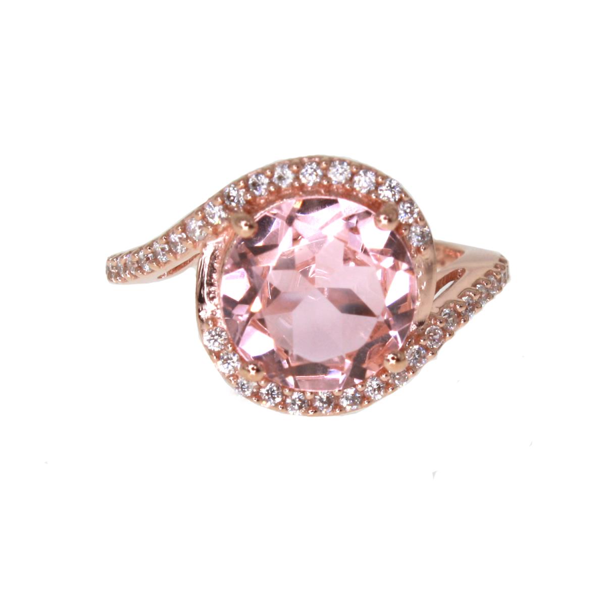 Sterling Silver Rose 10.00mm Rd Pink Diamond Simulant and CZ Swirl Ring