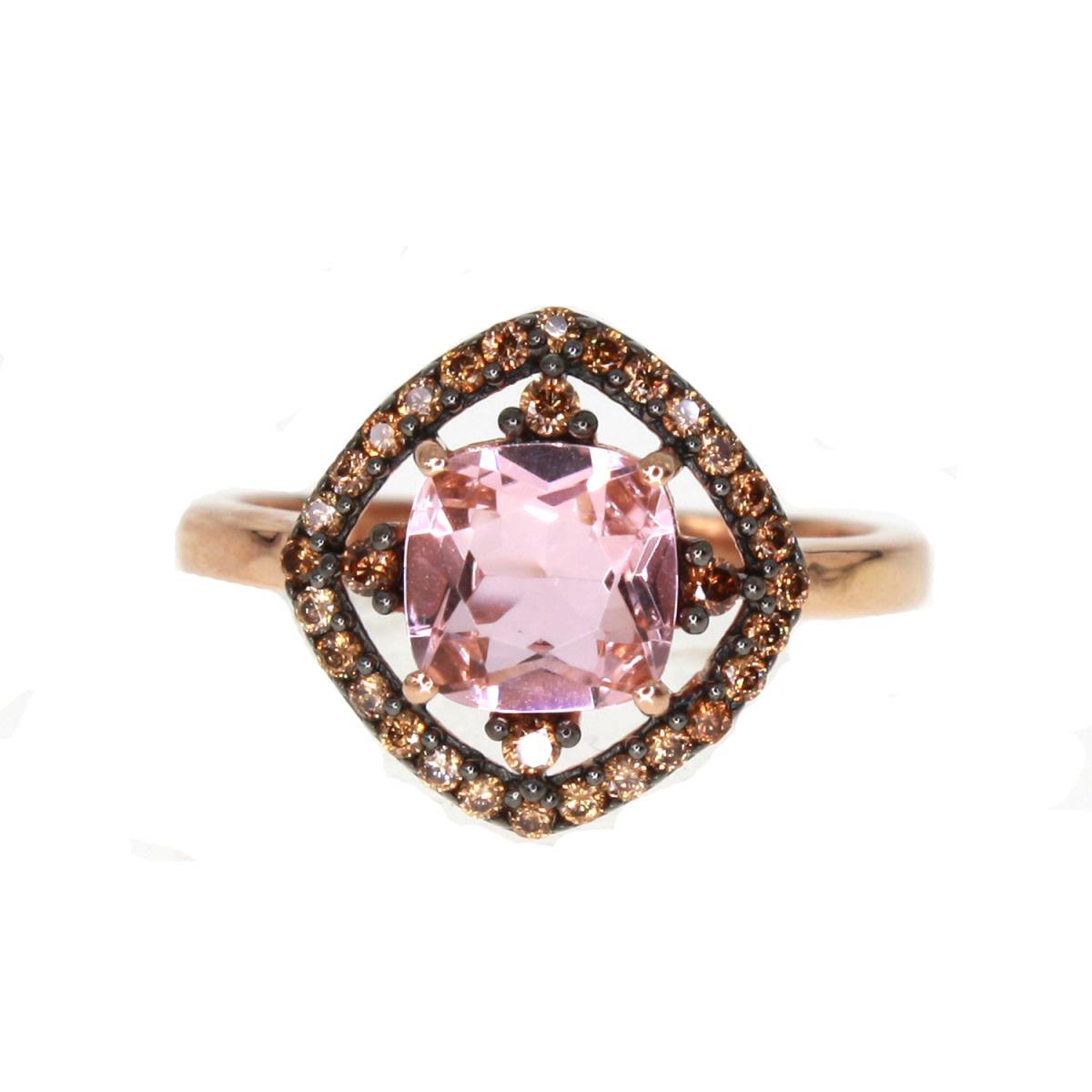 Sterling Silver Rose&BK 7mm Cushion Pink Diamond Simulant and Brown CZ Sq Frame Eng Ring