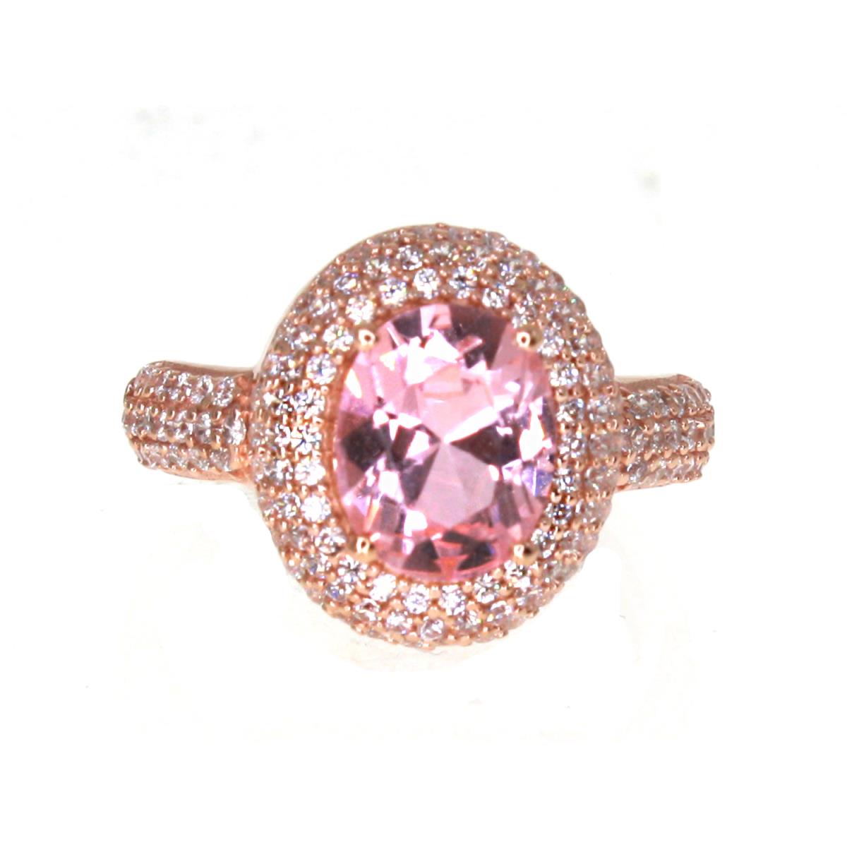 Sterling Silver Rose 10x8mm Ovl Pink Diamond Simulant and CZ Vintage Eng Ring